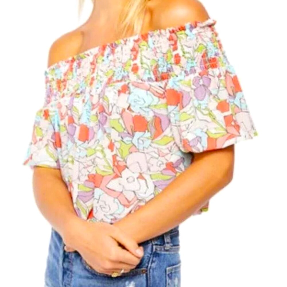 Free People Off-Shoulder Floral Blouse in Coral, Lavender, Mint & White